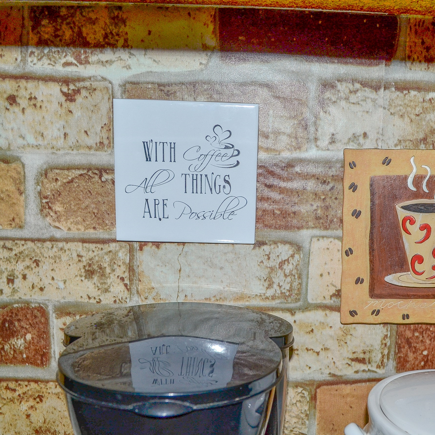 Handcrafted Laser Engraved Inspirational Coffee Tile - "With Coffee All Things Are Possible" Quote - 4x4" White Ceramic